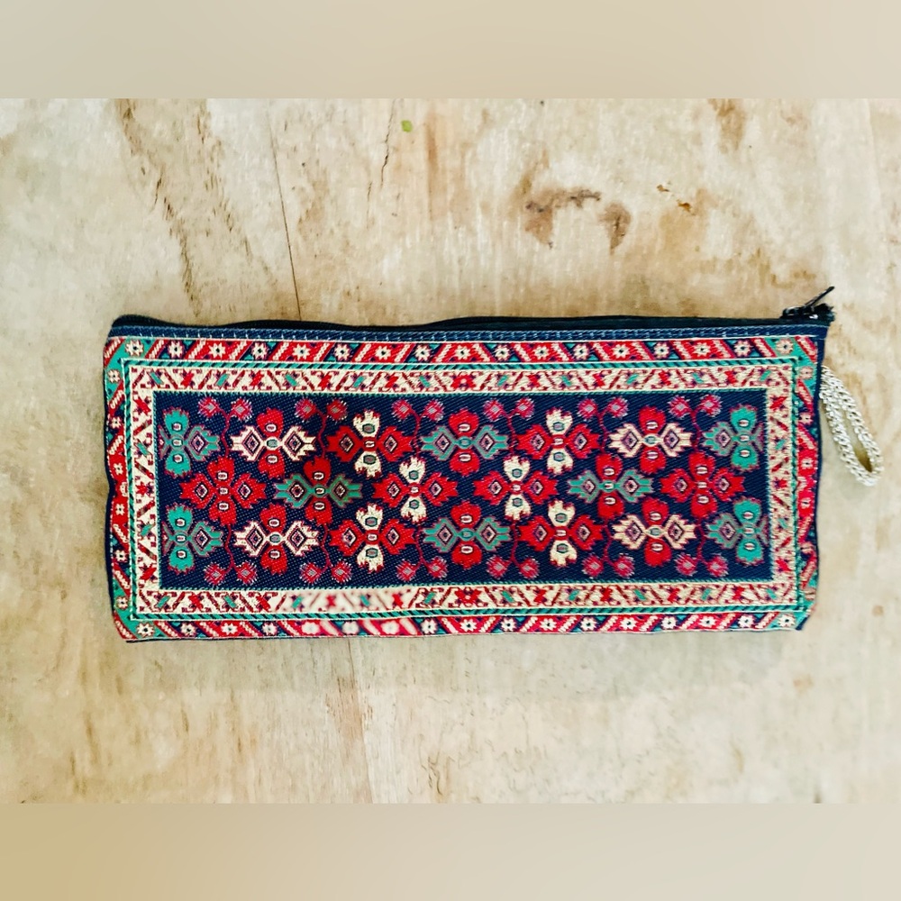 Kilim Design Gold Rosary Pouch w/Zipper From Morocco / Pencil Case / Coin Pouch - Picture 2 of 3